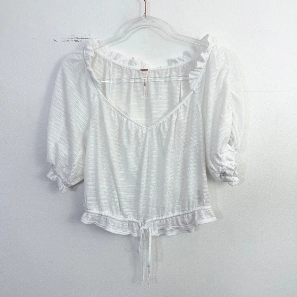 Free People Dorothy White Textured Puff Sleeve Tie Front Crop Top Small
